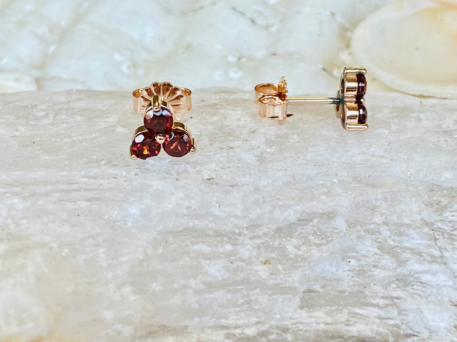 14k Garnet Three Stone Small Stud Earrings