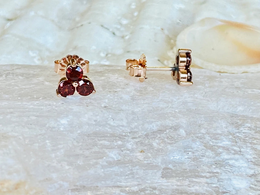 14k Garnet Three Stone Small Stud Earrings