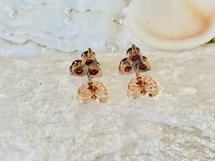 14k Garnet Three Stone Small Stud Earrings