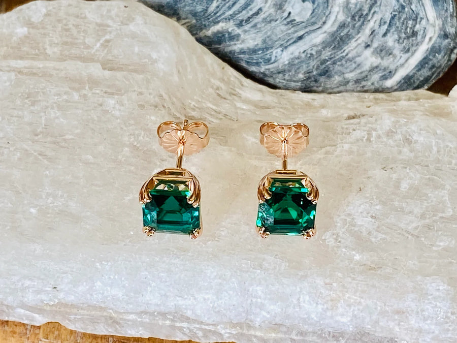 14k Asscher Cut Emerald Stud Earrings