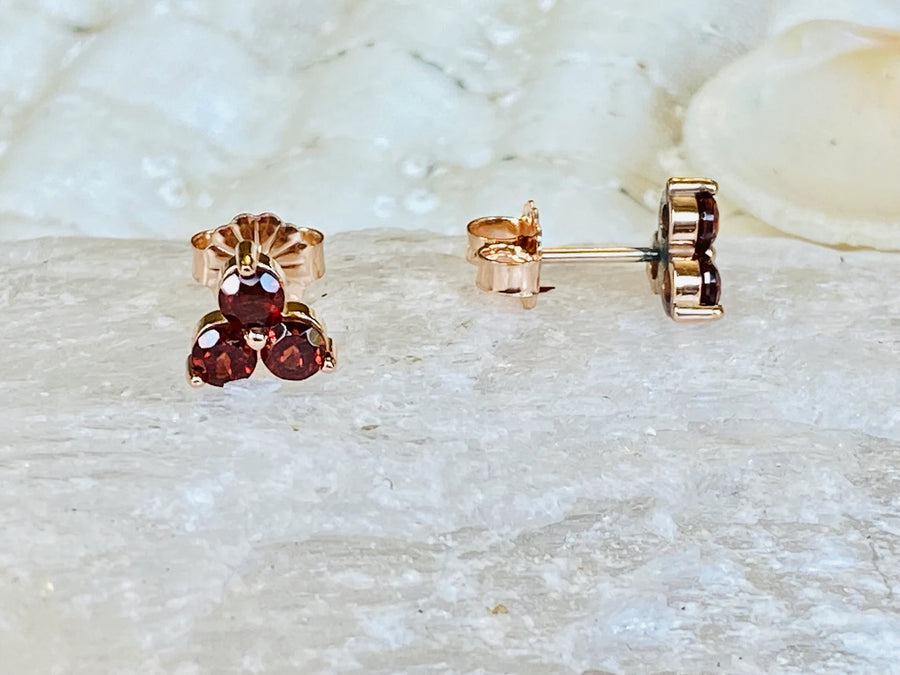 14k Garnet Three Stone Small Stud Earrings