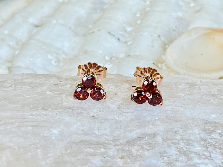 14k Garnet Three Stone Small Stud Earrings