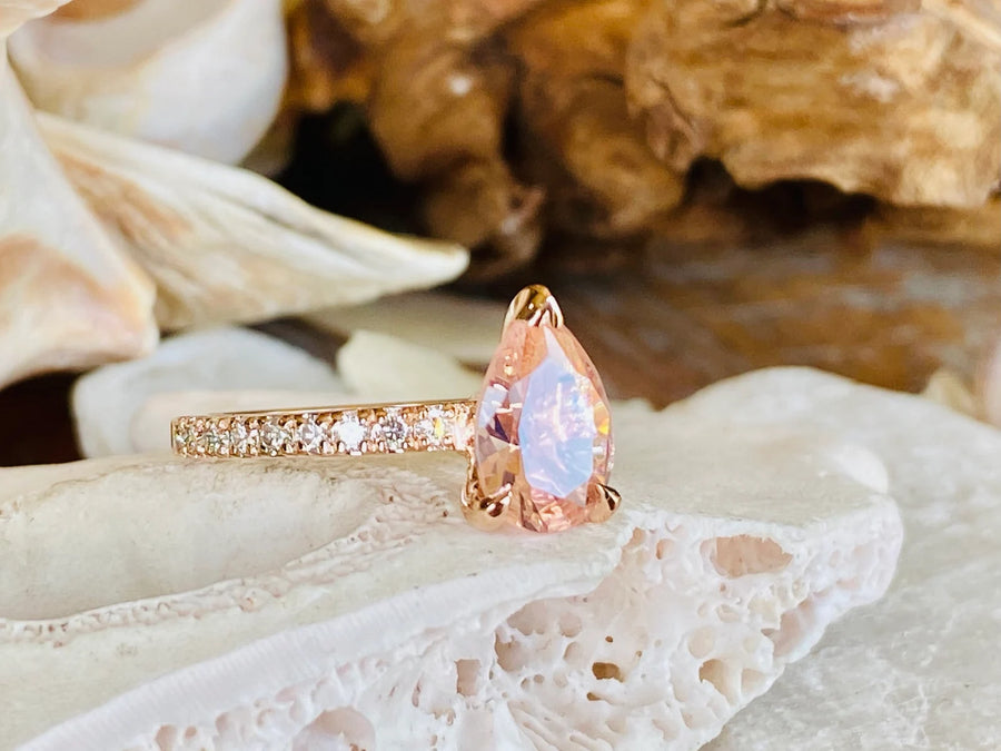 14k Pear Cut Pave Setting Morganite Ring