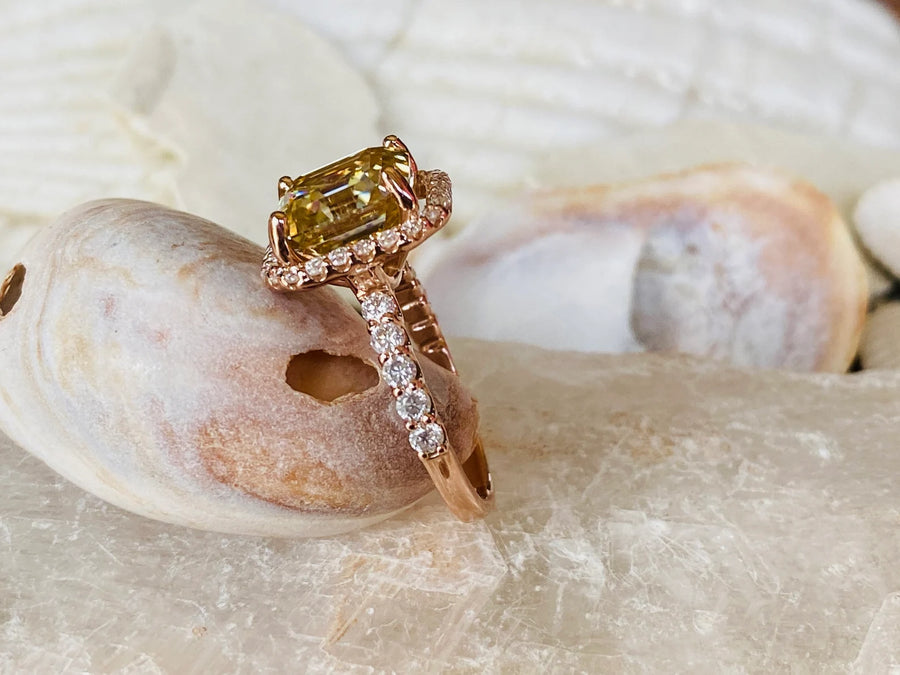 Canary Yellow Moissanite Asscher Cut Halo Setting Ring