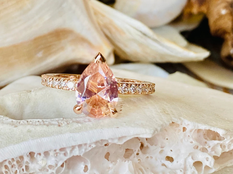 14k Pear Cut Pave Setting Morganite Ring