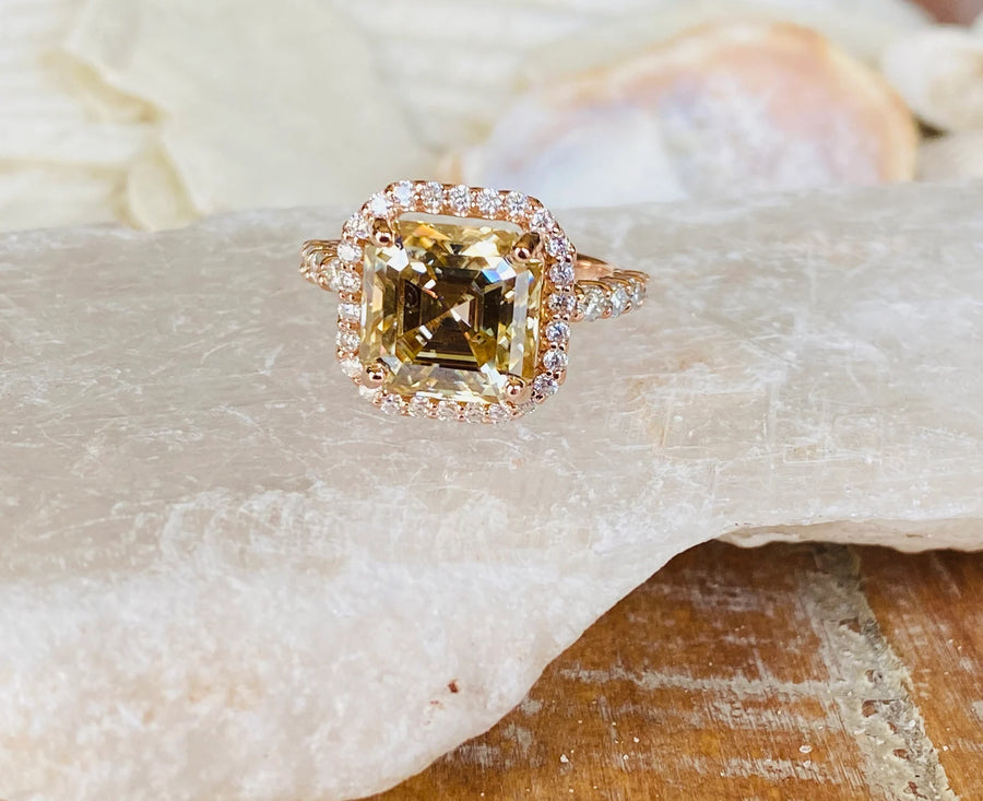 Canary Yellow Moissanite Asscher Cut Halo Setting Ring