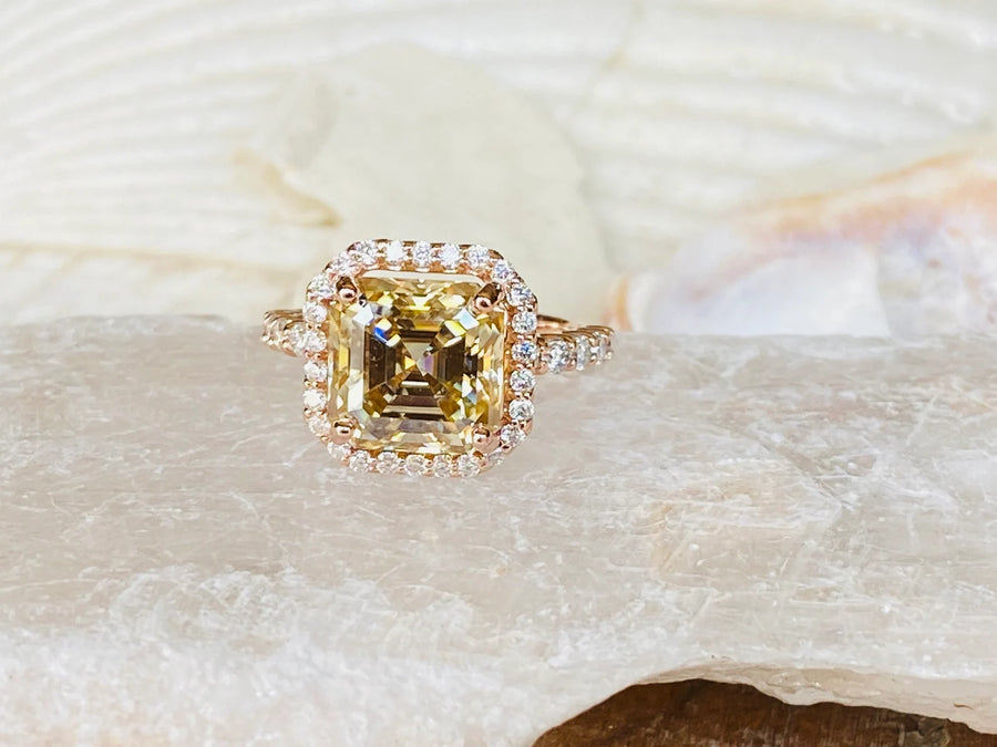 Canary Yellow Moissanite Asscher Cut Halo Setting Ring