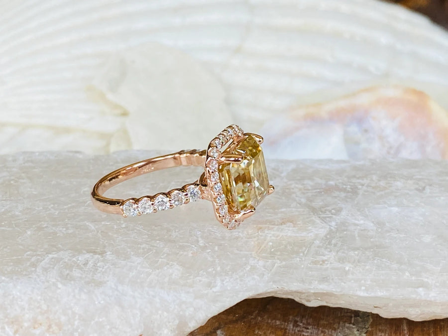 Canary Yellow Moissanite Asscher Cut Halo Setting Ring