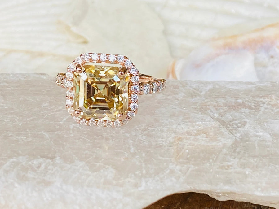 Canary Yellow Moissanite Asscher Cut Halo Setting Ring