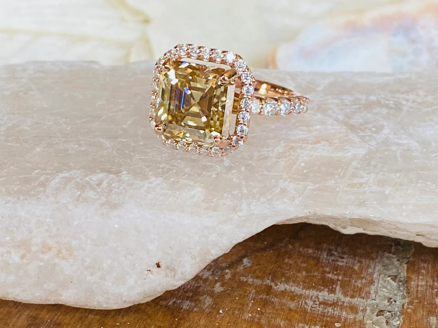 Canary Yellow Moissanite Asscher Cut Halo Setting Ring