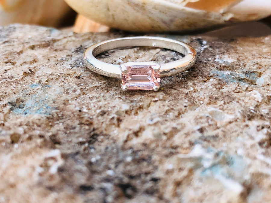 East West Emerald Cut Morganite Solitaire Stacking Ring