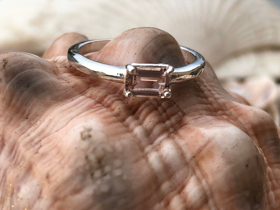 East West Emerald Cut Morganite Solitaire Stacking Ring