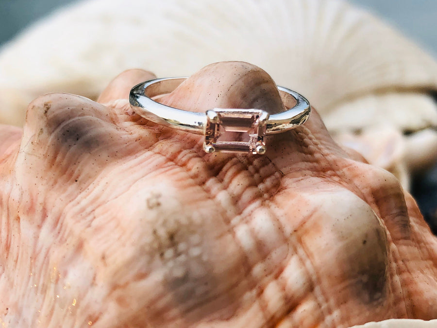 East West Emerald Cut Morganite Solitaire Stacking Ring