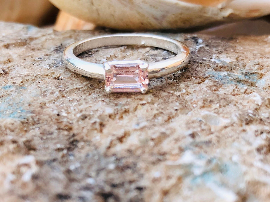 East West Emerald Cut Morganite Solitaire Stacking Ring