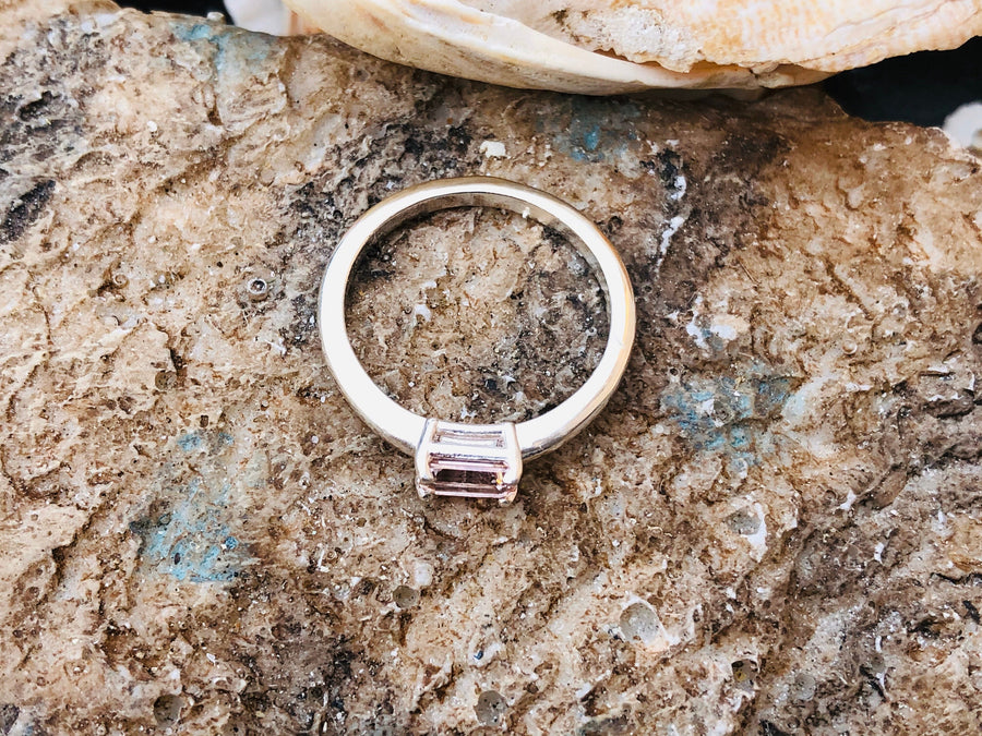 East West Emerald Cut Morganite Solitaire Stacking Ring