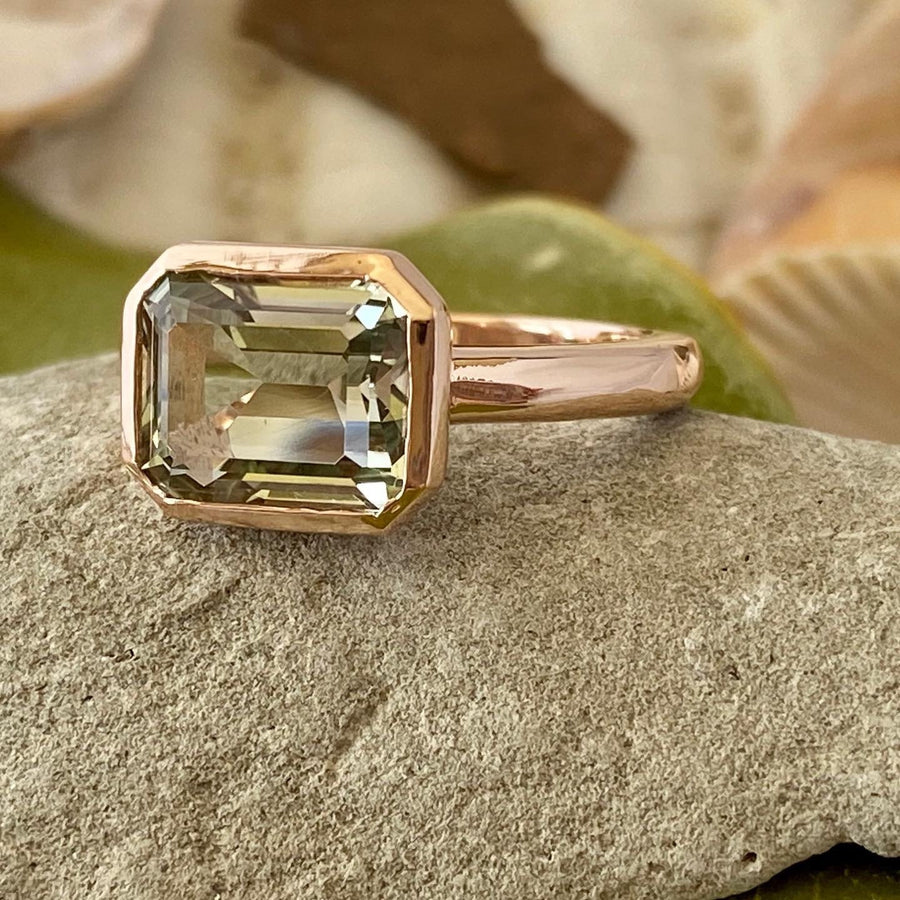 East West Emerald Cut Green Amethyst Prasiolite Ring 3.50ct