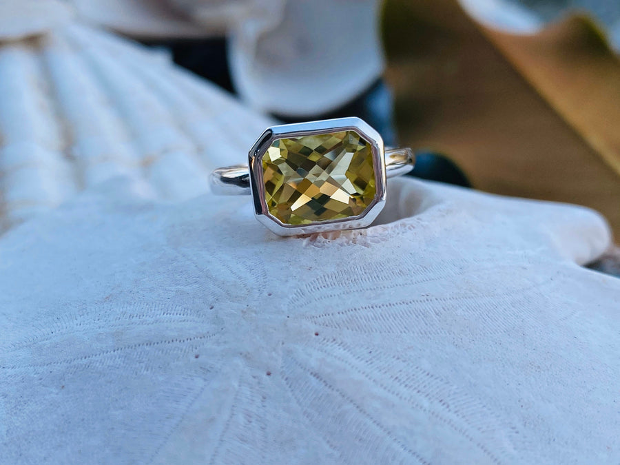 3.00ct. Elongated Cushion Cut Lemon Quartz East West Citrine Ring