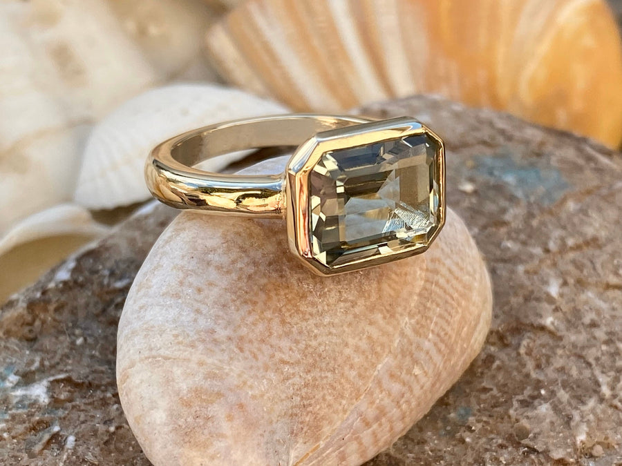 East West Emerald Cut Green Amethyst Prasiolite Ring 3.50ct