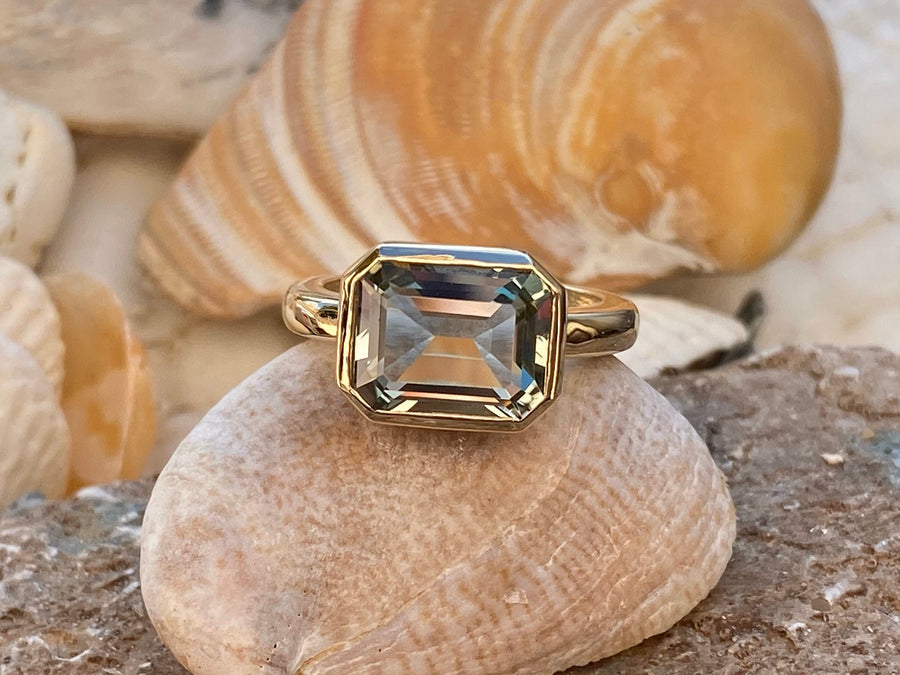 East West Emerald Cut Green Amethyst Prasiolite Ring 3.50ct