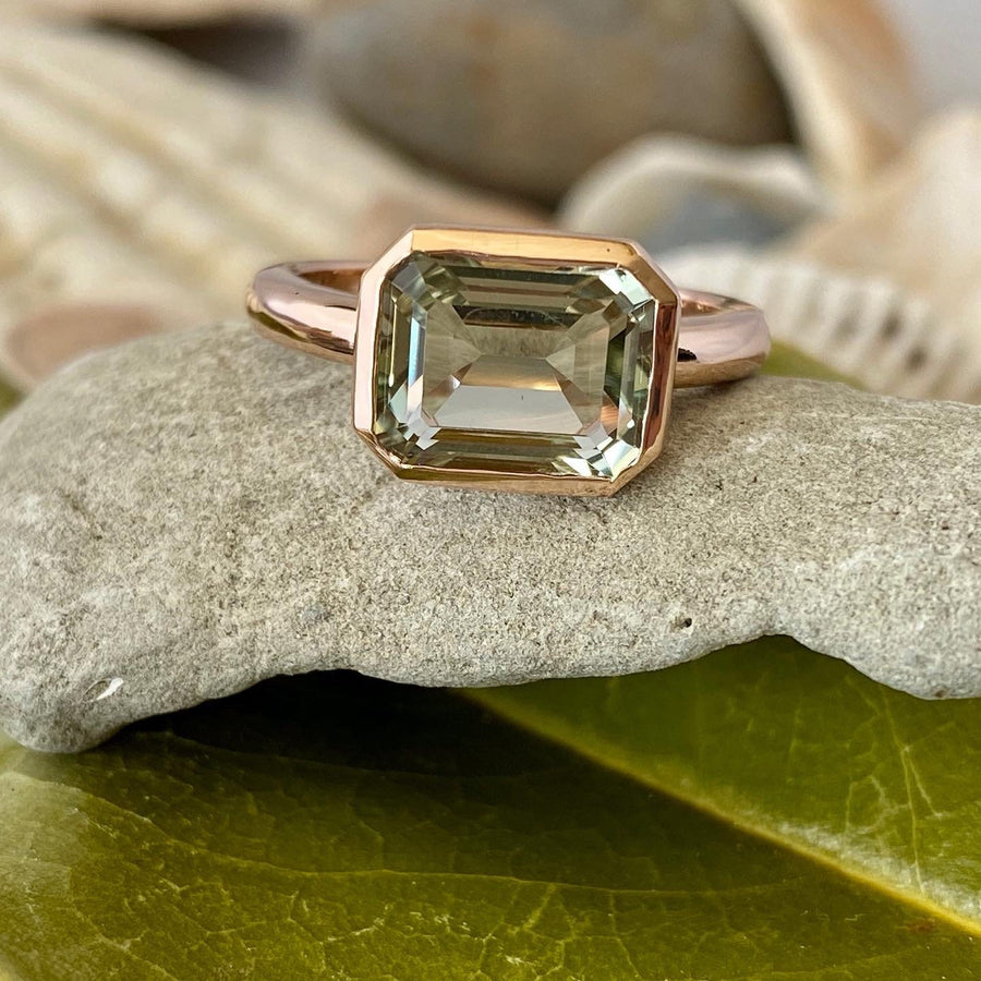 East West Emerald Cut Green Amethyst Prasiolite Ring 3.50ct