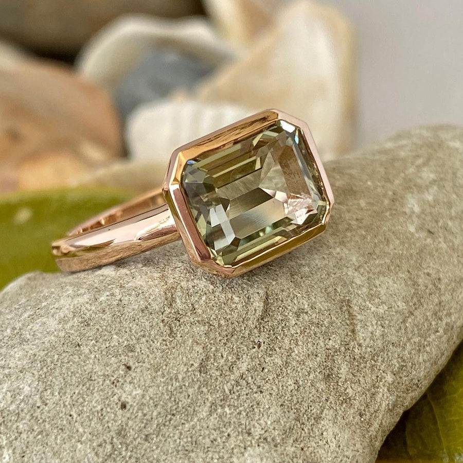 East West Emerald Cut Green Amethyst Prasiolite Ring 3.50ct