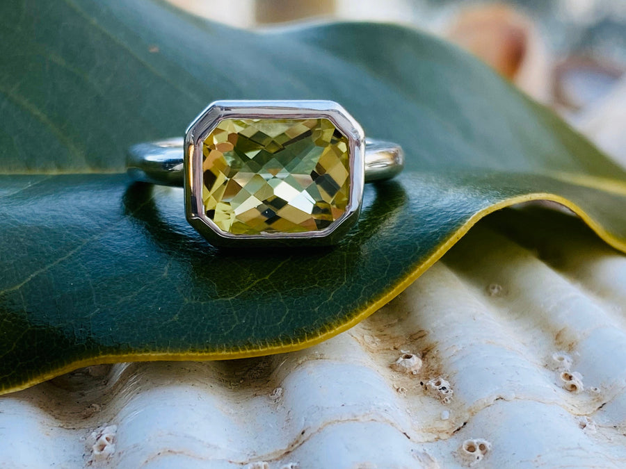 3.00ct. Elongated Cushion Cut Lemon Quartz East West Citrine Ring