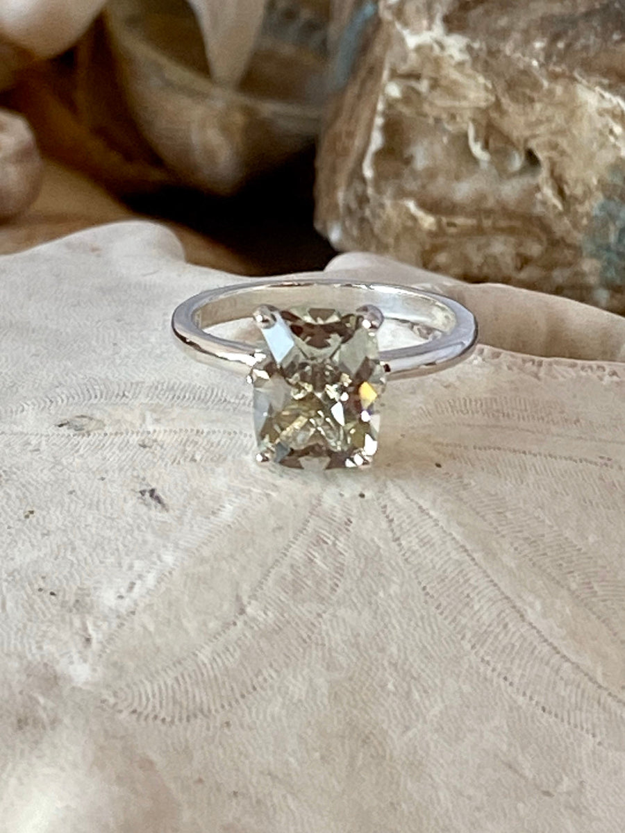 Elongated Cushion Cut Green Amethyst Prasiolite Solitaire Ring