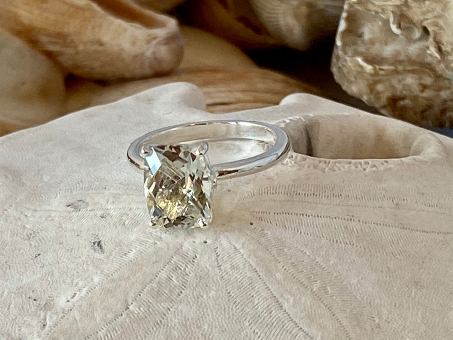 Elongated Cushion Cut Green Amethyst Prasiolite Solitaire Ring