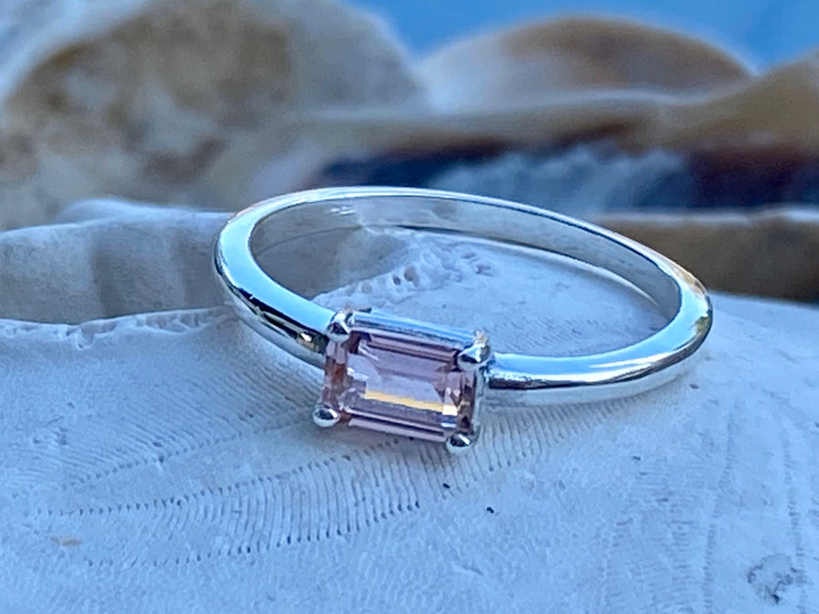 East West Emerald Cut Morganite Solitaire Stacking Ring