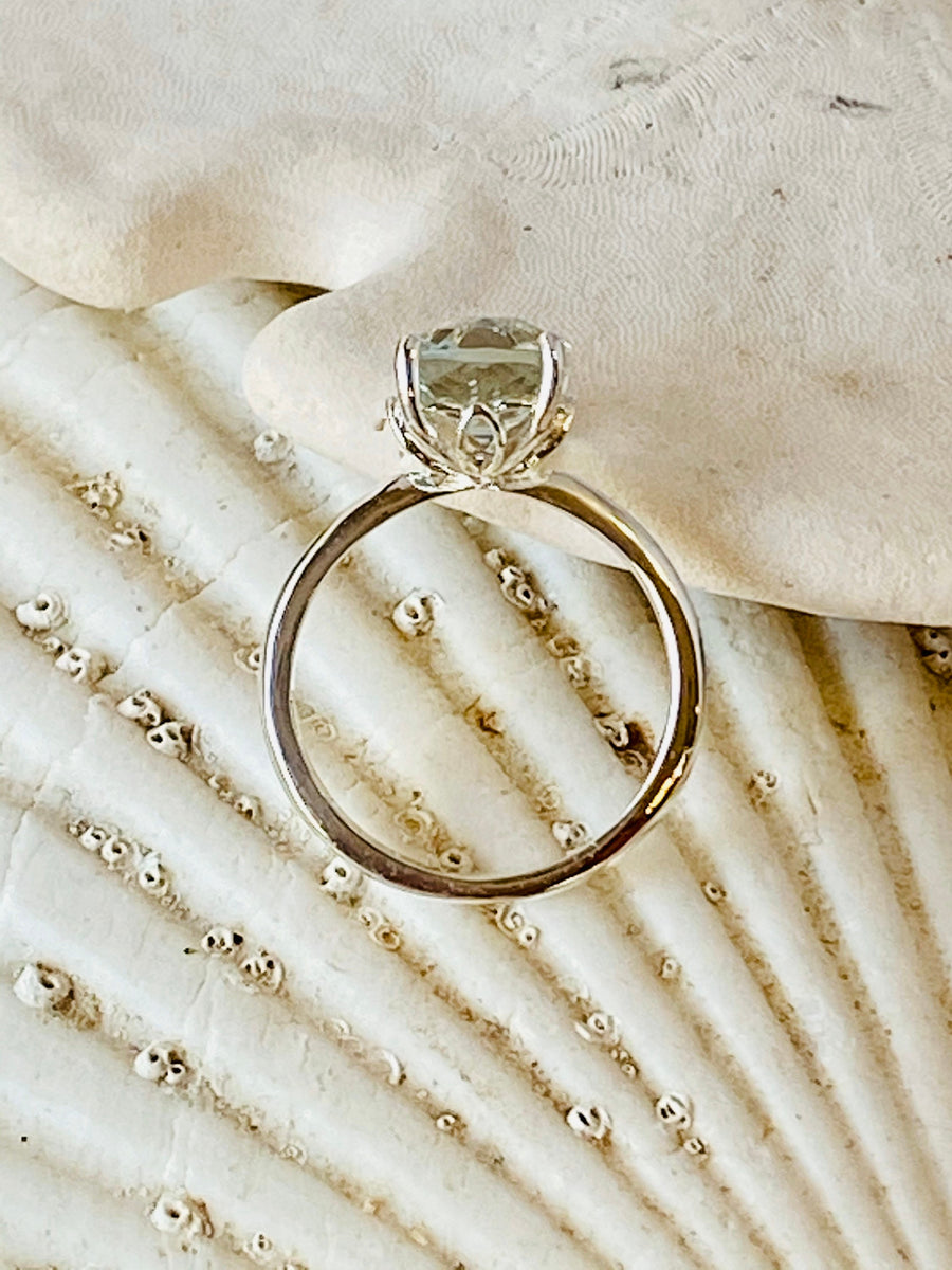 Elongated Cushion Cut Green Amethyst Prasiolite Solitaire Ring