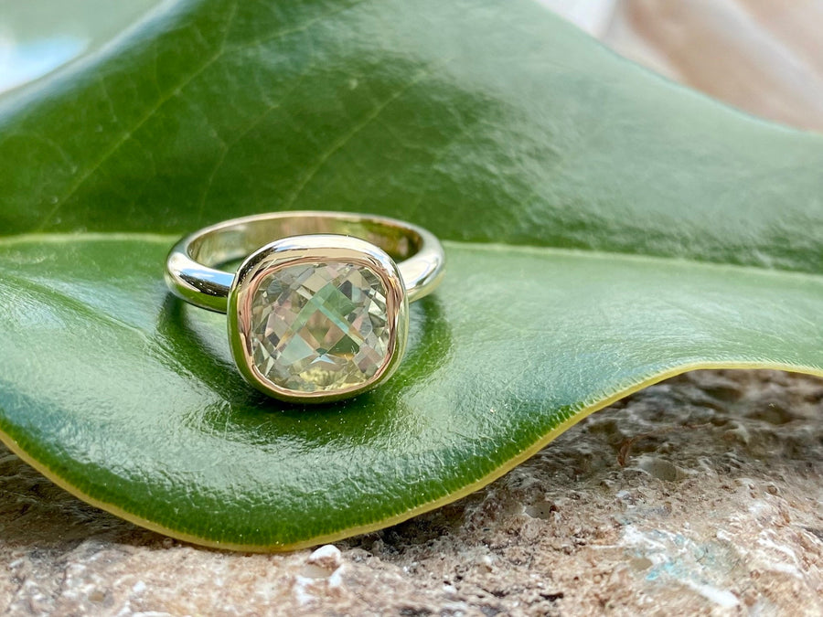 14k Cushion Cut Green Amethyst Prasiolite Solitaire Ring