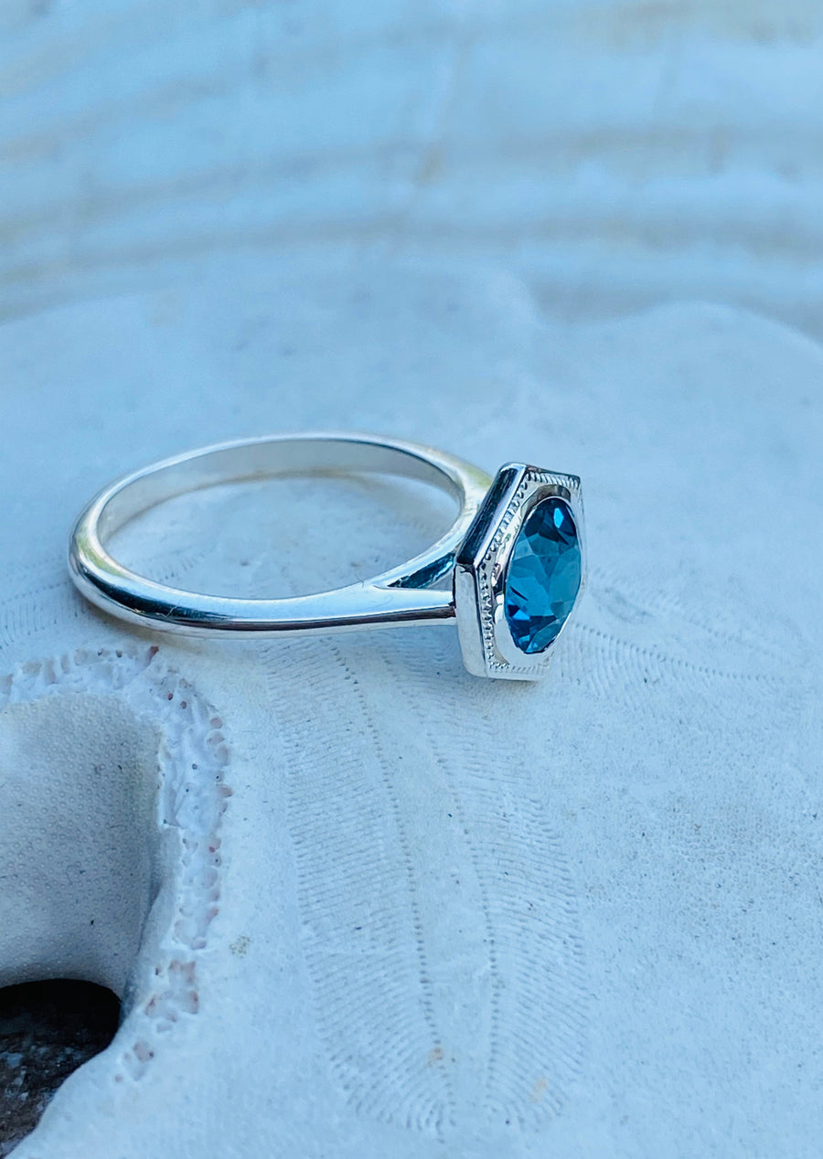 Art Deco Bezel Hexagon Setting London Blue Topaz Ring 1.00ct
