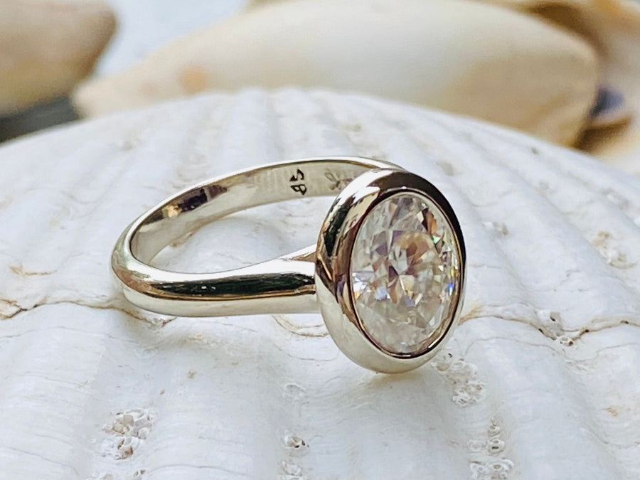 Oval Moissanite Solitaire Bezel Setting Engagement Ring 2.00ct