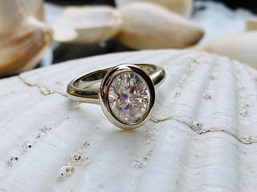 Oval Moissanite Solitaire Bezel Setting Engagement Ring 2.00ct