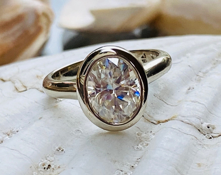 Oval Moissanite Solitaire Bezel Setting Engagement Ring 2.00ct