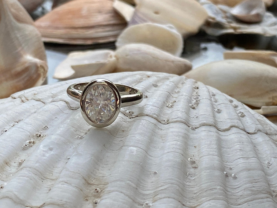 Oval Moissanite Solitaire Bezel Setting Engagement Ring 2.00ct