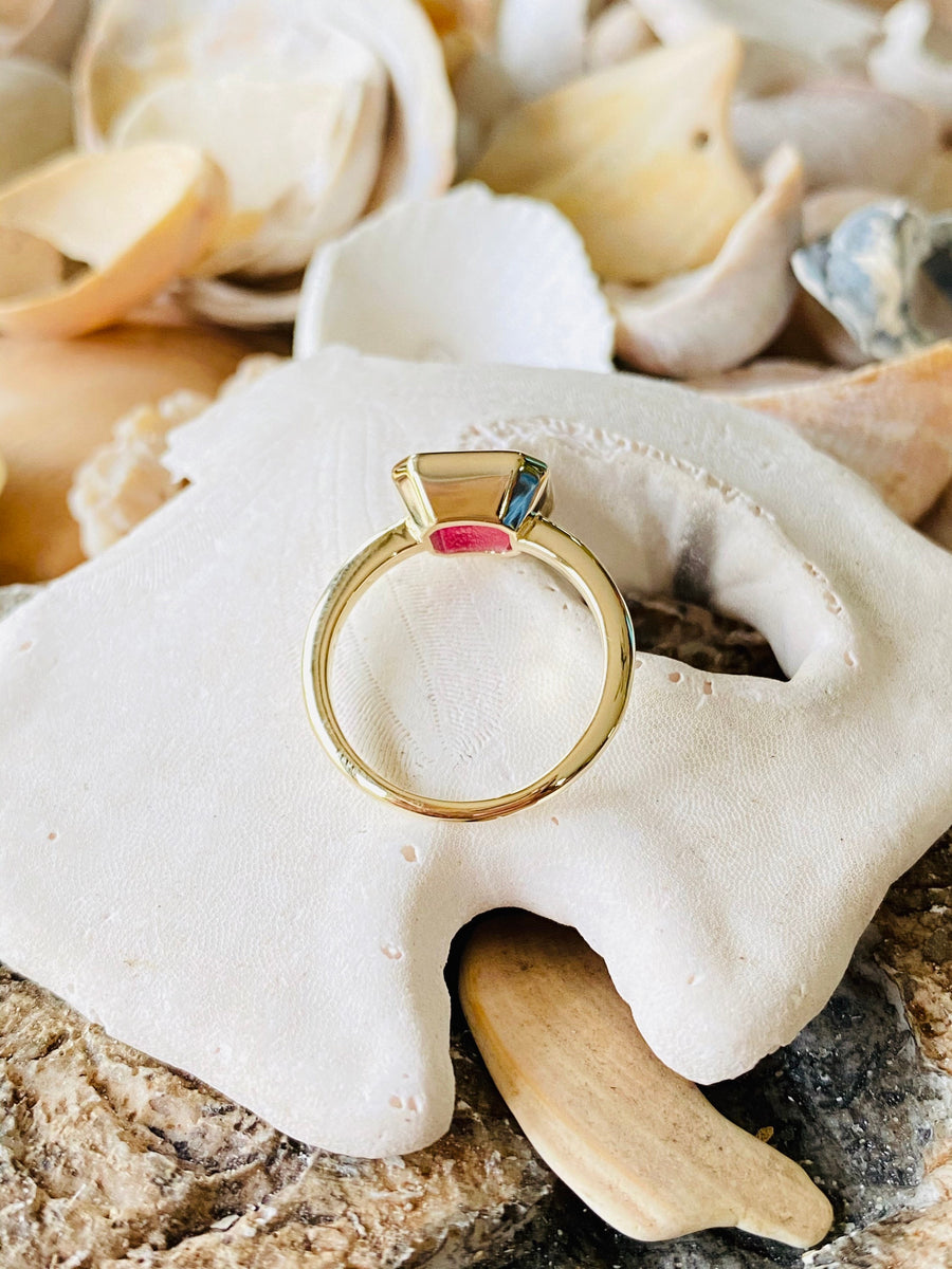 East West Emerald Cut Pink Topaz Ring
