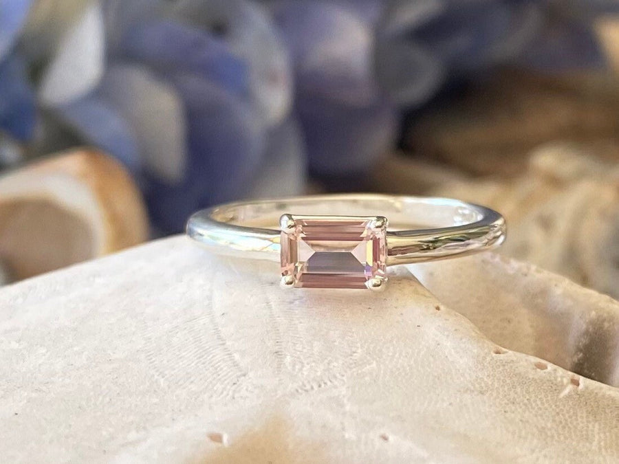 East West Emerald Cut Morganite Solitaire Stacking Ring