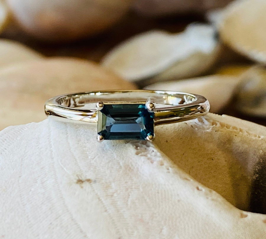 Genuine London blue topaz ring, emerald cut, three stone ring, sterling silver,anniversary ring, gifts for deals mom