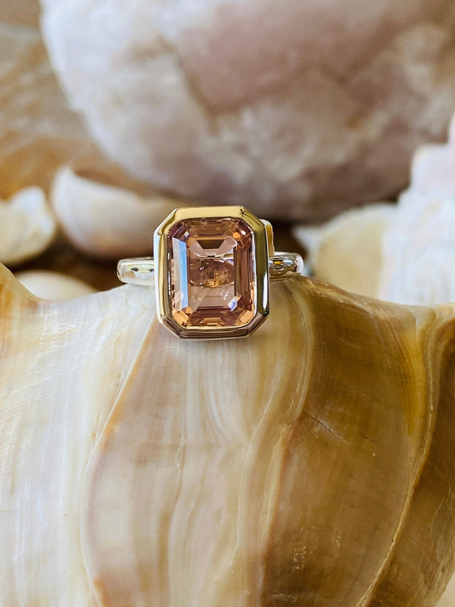 Bezel Setting Emerald Cut Morganite  Solitaire Ring