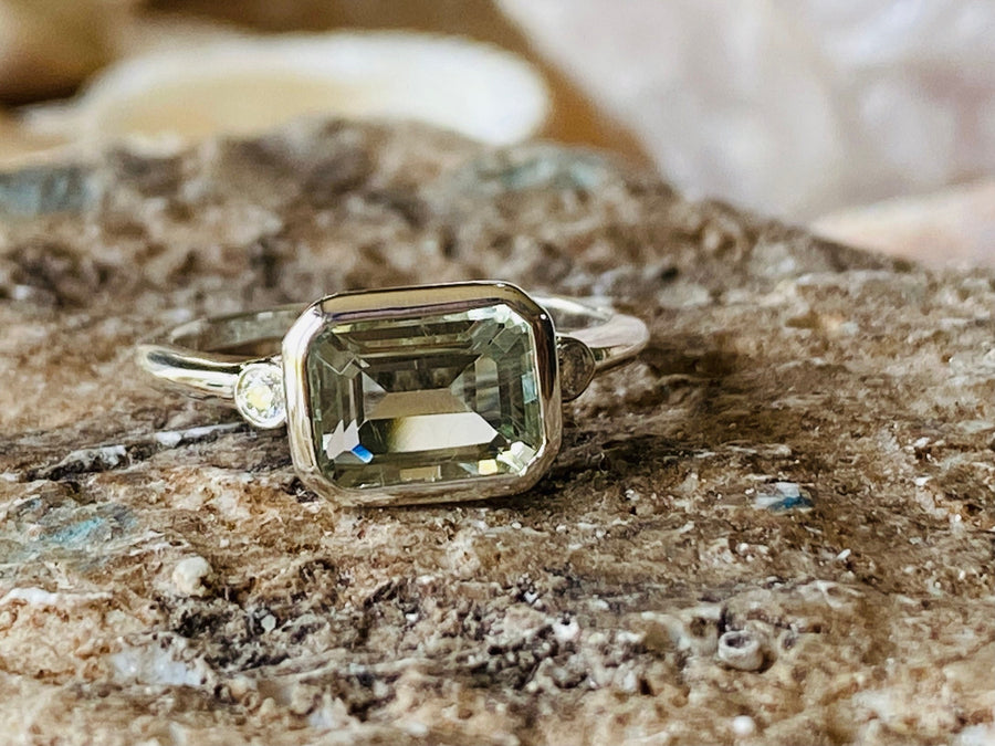 East West Emerald Cut Prasiolite Engagement Ring