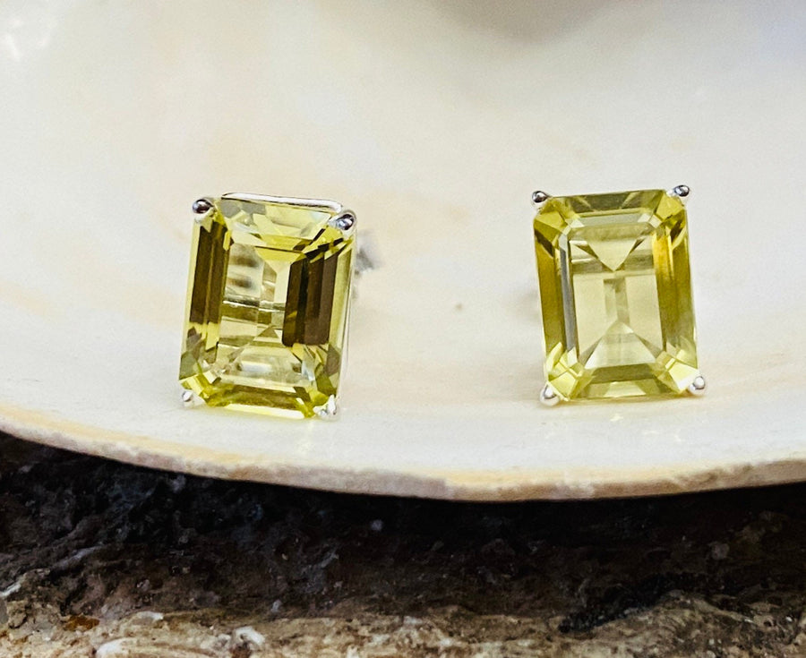 Emerald Cut Lemon Citrine Stud Earrings