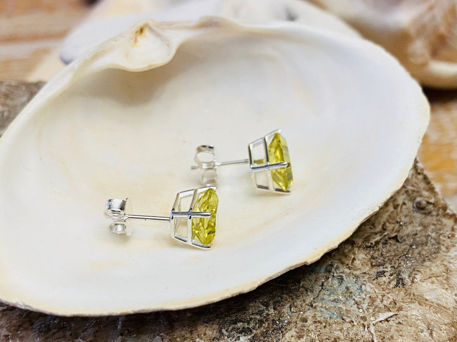 Emerald Cut Lemon Citrine Stud Earrings