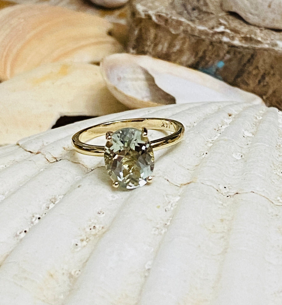 14k Gold Oval Green Amethyst Prasiolite Solitaire Ring 3.00ct.