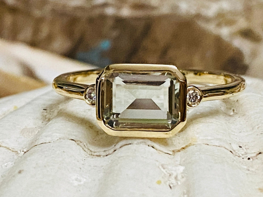 East West Emerald Cut Prasiolite Engagement Ring