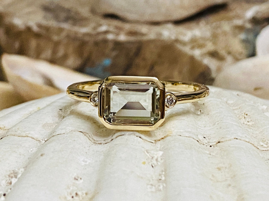 East West Emerald Cut Prasiolite Engagement Ring