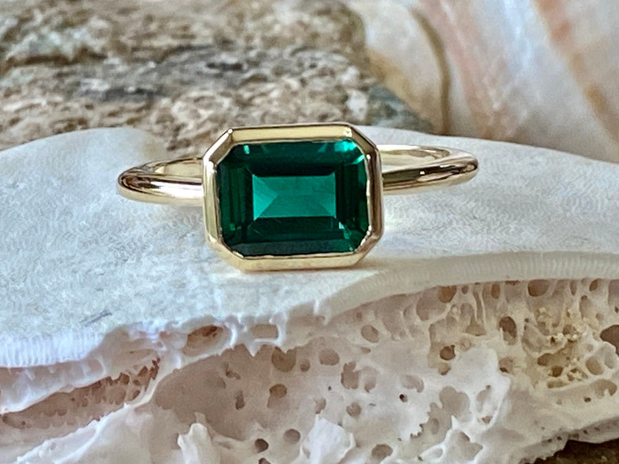 14k Gold East West Emerald Cut Emerald Solitaire Ring