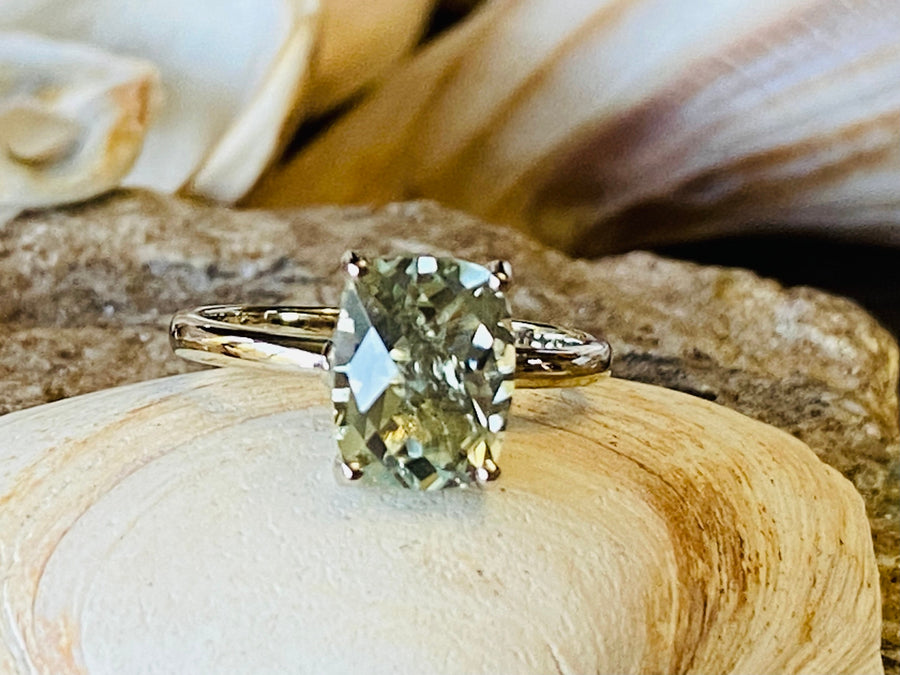 Elongated Cushion Cut Green Amethyst Prasiolite Solitaire Ring
