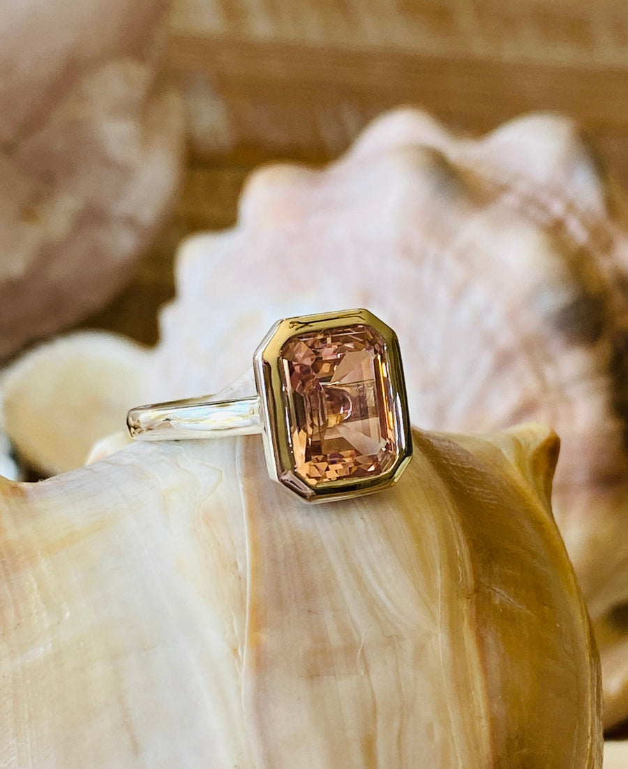 Bezel Setting Emerald Cut Morganite  Solitaire Ring