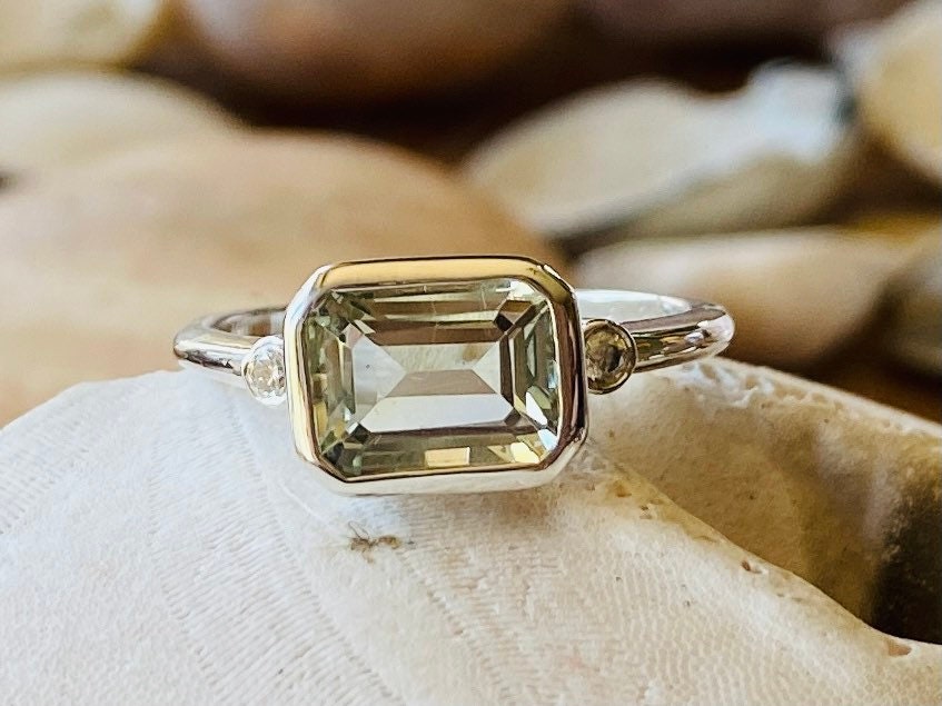 East West Emerald Cut Prasiolite Engagement Ring